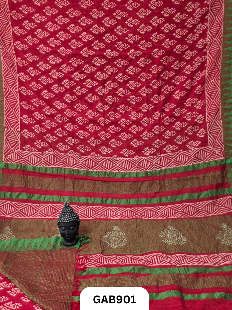 Temple Zari Border Hand Block Printed Katan Cotton Silk Saree With Running Blouse