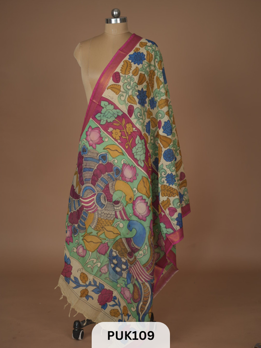 PURE PENKALAMKARI DUPPATTA - CHENNURI SILK