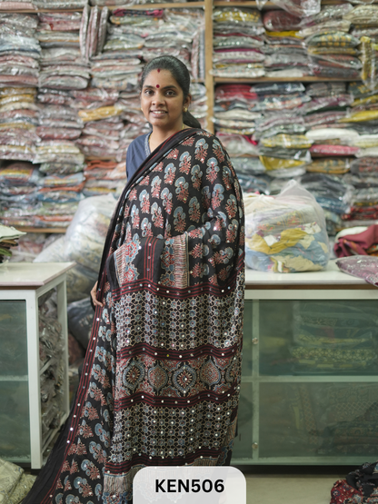 MODAL NATURAL AJRAKH HANDBLOCK SAREE WITH GLUE MIRROR