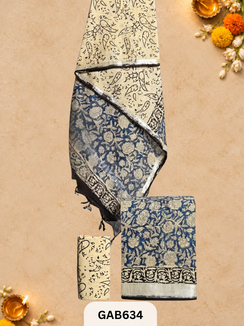 Bagru Hand Block Printed Linen Suits With Zari Border