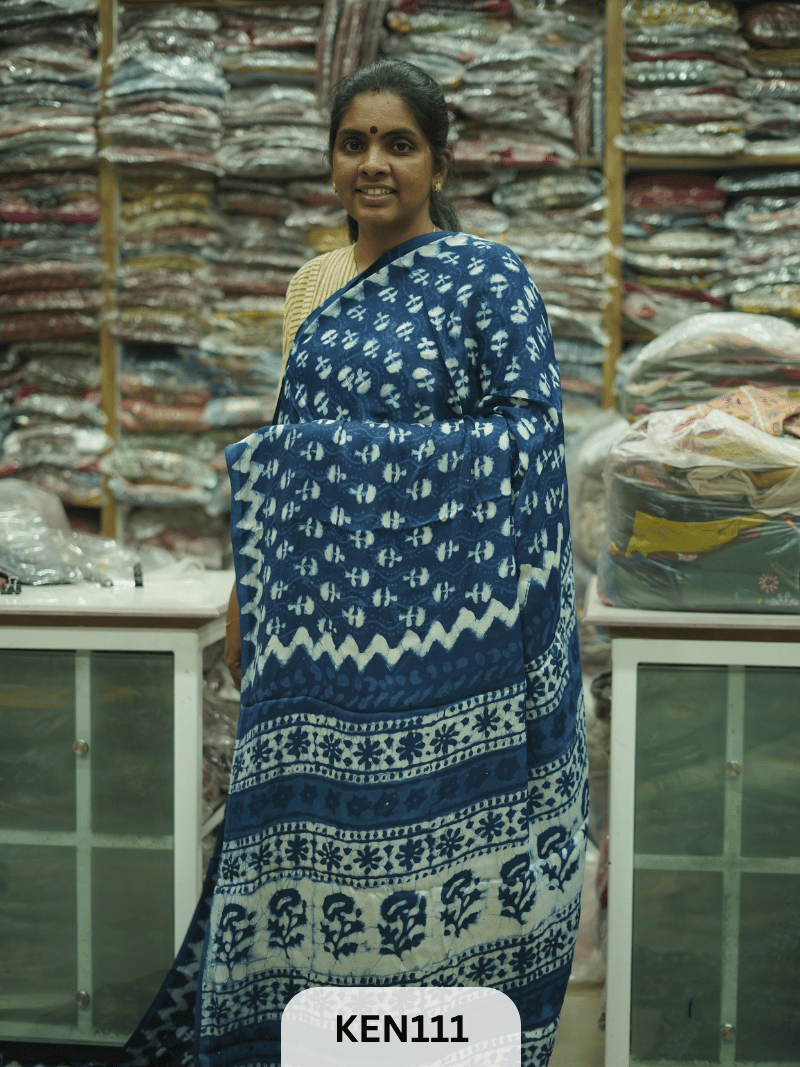 MODAL INDIGO DABU HANDBLOCK PRINT SAREE - NATURAL PROCESS
