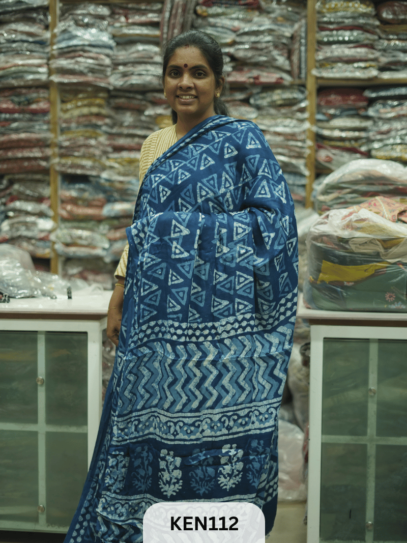 MODAL INDIGO DABU HANDBLOCK PRINT SAREE - NATURAL PROCESS