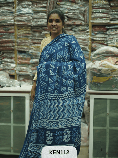 MODAL INDIGO DABU HANDBLOCK PRINT SAREE - NATURAL PROCESS
