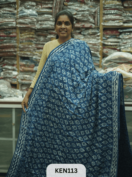 MODAL INDIGO DABU HANDBLOCK PRINT SAREE - NATURAL PROCESS