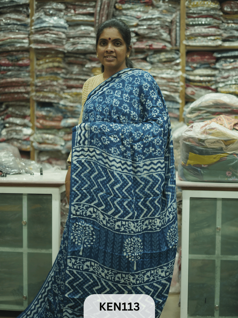 MODAL INDIGO DABU HANDBLOCK PRINT SAREE - NATURAL PROCESS