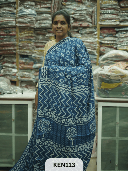 MODAL INDIGO DABU HANDBLOCK PRINT SAREE - NATURAL PROCESS