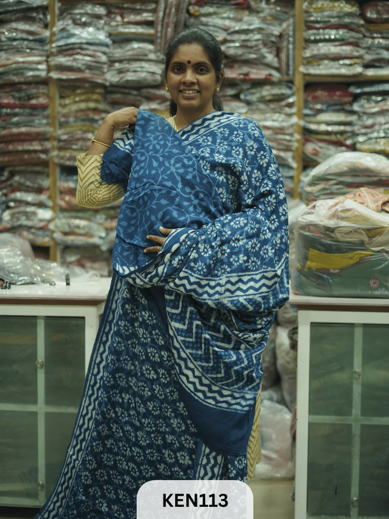MODAL INDIGO DABU HANDBLOCK PRINT SAREE - NATURAL PROCESS