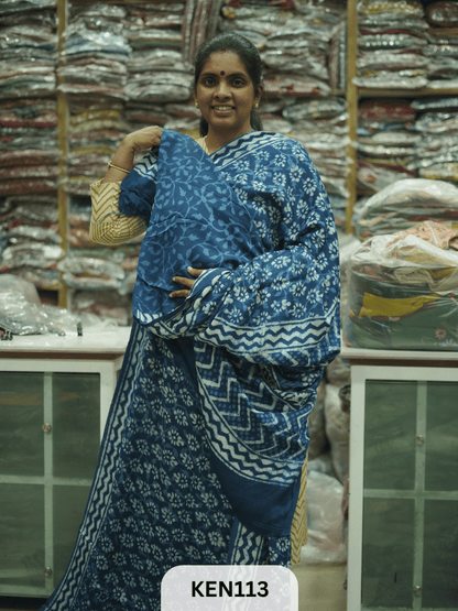 MODAL INDIGO DABU HANDBLOCK PRINT SAREE - NATURAL PROCESS