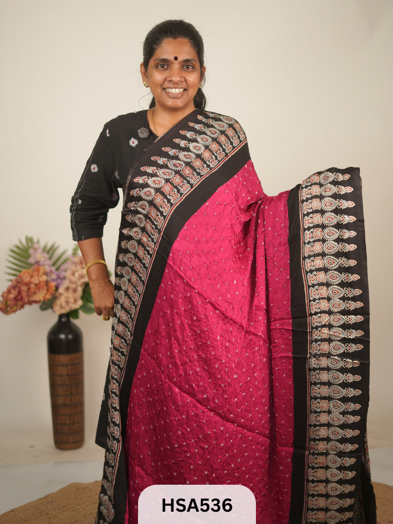 MODAL AJRAKH WITH BANDHINI SAREE