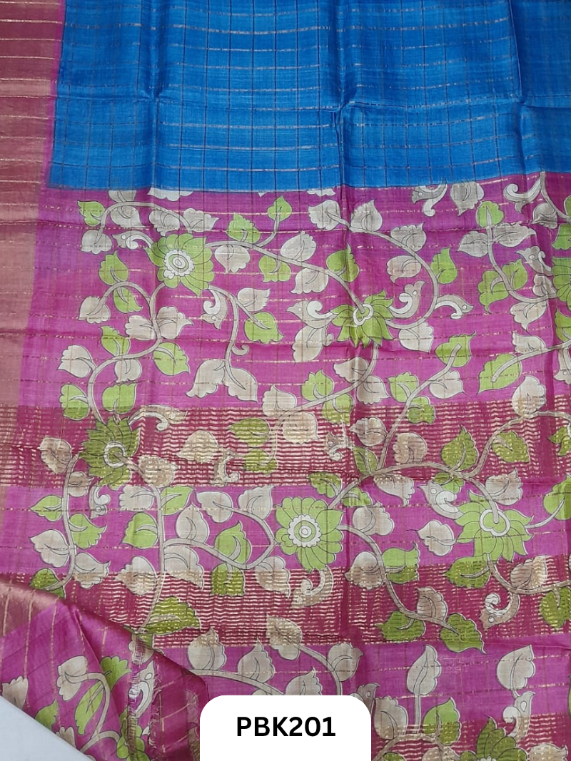 Pure Tussar Silk Saree with Checked design  Plain Body with Kalamkari Design in Pallu