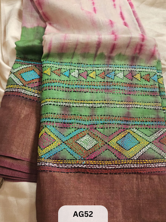 PURE TUSSAR WITH BORDER | SPECIAL HAND PAINT |HAND KANTHA STITCH | SILK MARK)