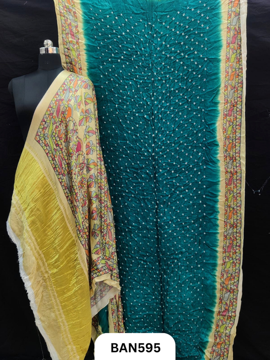Semi Gaji ts kalamkari digital print pallu, blouse and border with bandhej saree