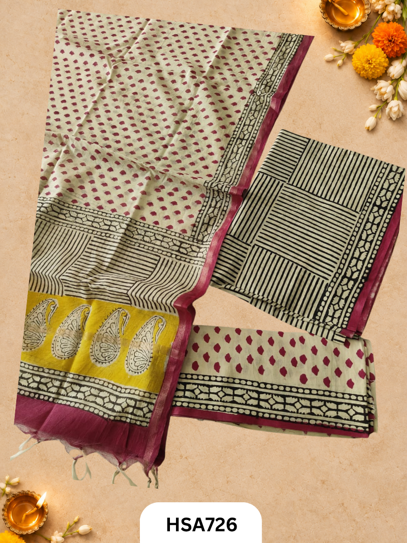 HandBlock Printed Chanderi Silk Dupatta With Cotton Suits -Top 2.5M Duptta 2.5M