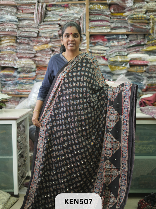 MODAL NATURAL AJRAKH HANDBLOCK SAREE WITH GLUE MIRROR