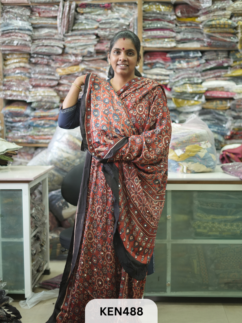 MODAL NATURAL AJRAKH HANDBLOCK SAREE WITH GLUE MIRROR