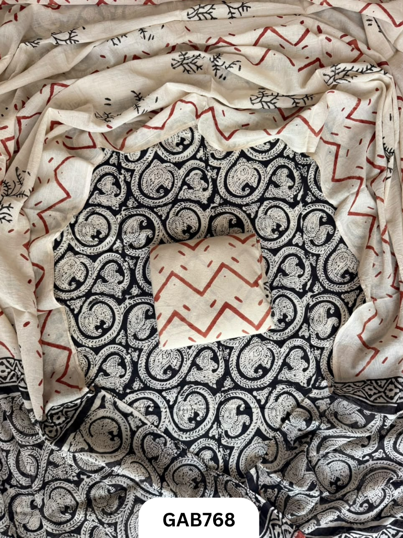 Handblock Cotton Suits With Mulmul Cotton Dupatta | Top 2.5 Mtr Dupatta 2.5 Mtr