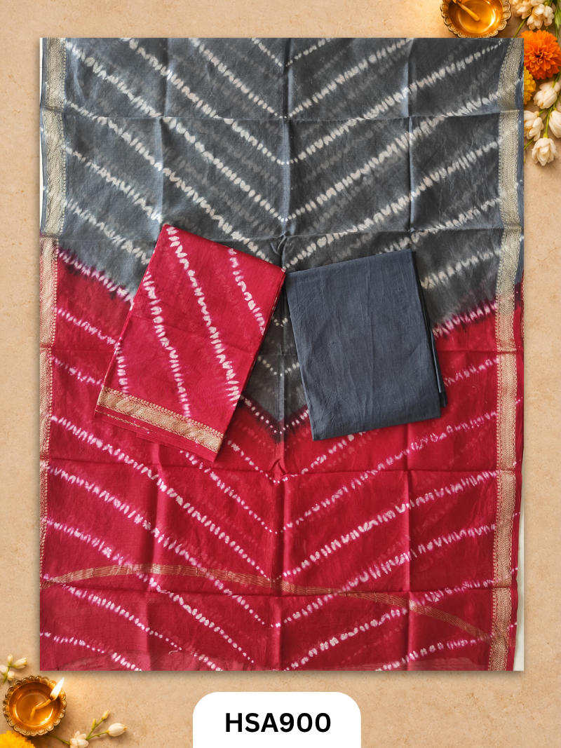 HandBlock Printed Maheshwari Silk Zari Border Top & dupttas 2.5 Mtrs | Bottom cotton 2.50 mtrs