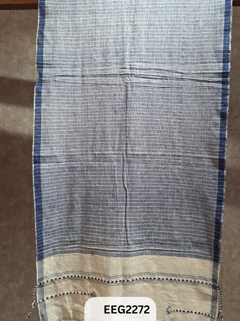 HANDWEAVED KALA COTTON STOLE WITH EXTRA WEFT TESSLES-2.2MTR*20INCH