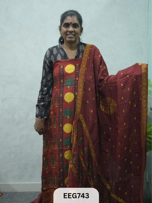 AJRAKH DOLA SILK 2 PCS-UNSTITCHED ( TOP 3.5MTR AND DUPPATA 2.25MTR ) - IMMEDIEATE DISPATCH