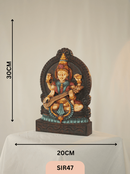 WOODEN GODDESS SARASWATHI STATUE - Height 12" INCH, WIDTH 8"INCH