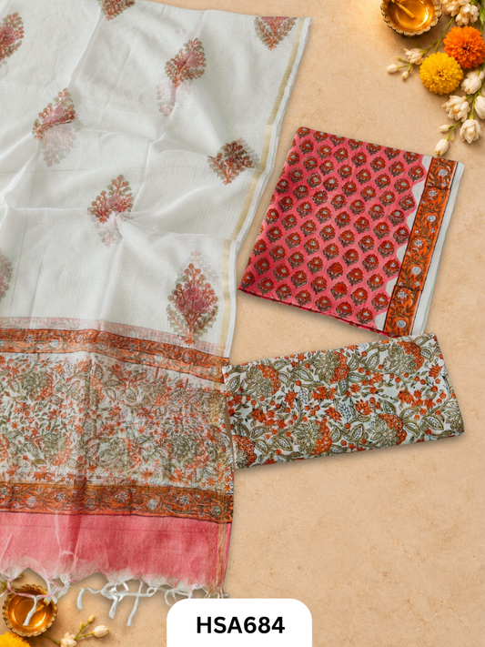 Handblock Printed Kota Doriya Dupatta With Cotton Suits Top 2.5mtr Dupatta 2.5mtr