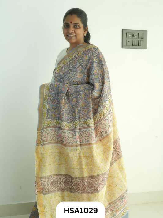 Pure Maheswari Silk Cotton - Handblock Print Saree With Blouse