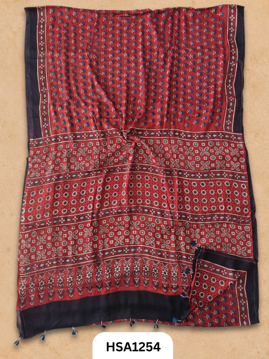 Natural Dye Vegetable Hand Block Print Ajrakh Print Pure Modal Silk Saree