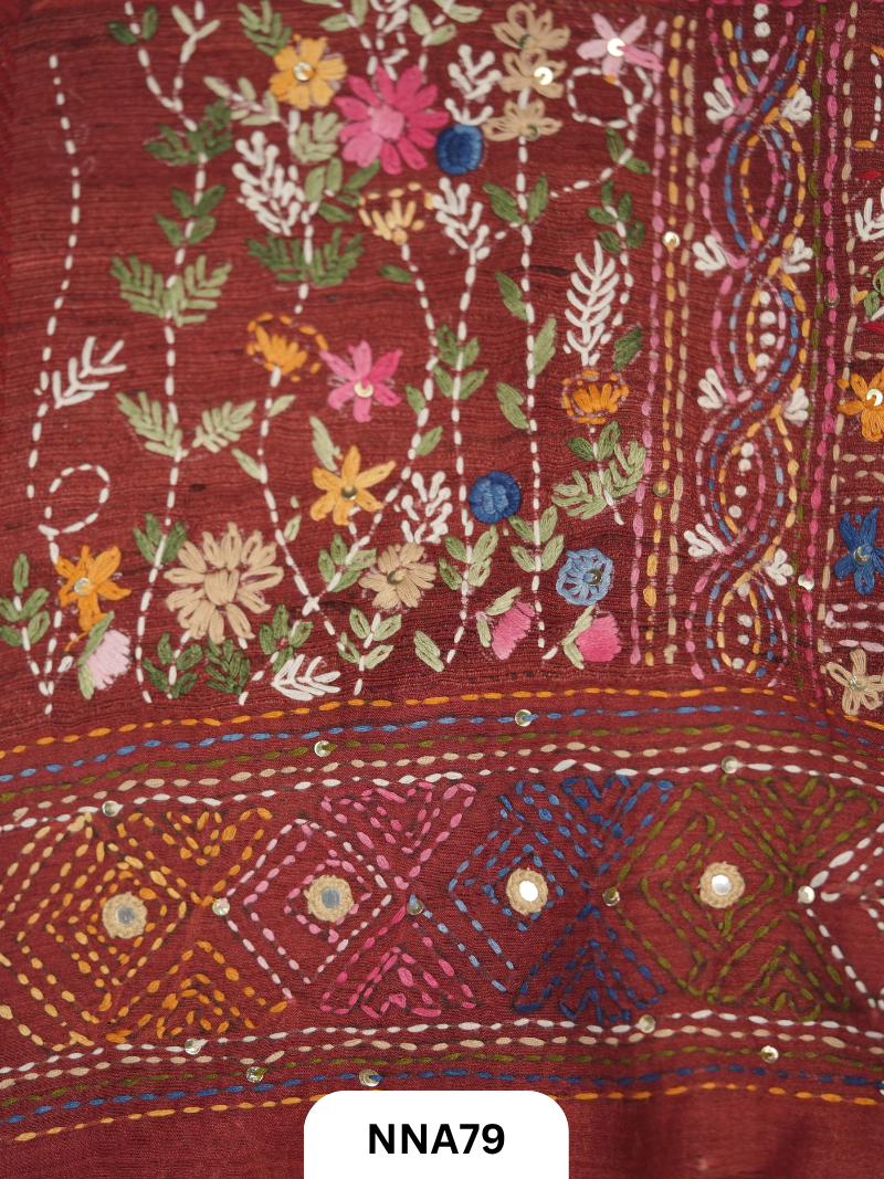Handloom Pure Tussar Silk - Maheshwari Border and Bullion With Kantha Stitch Saree