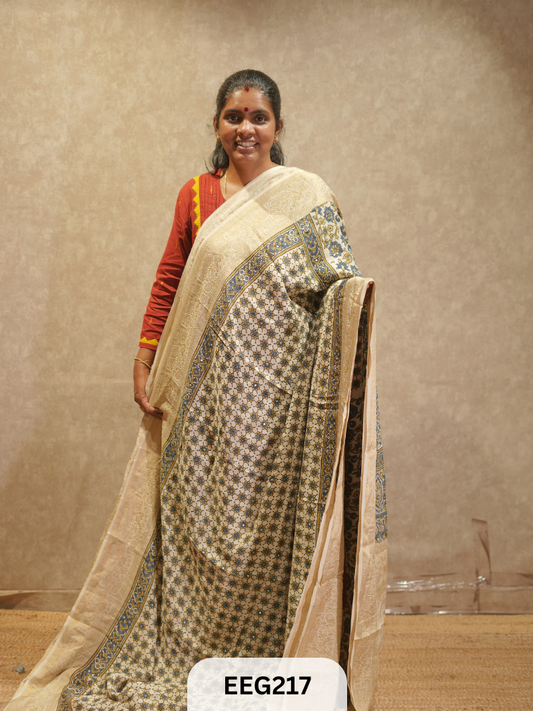 AJRAKH DOLA SILK SAREE WITH MIRROR WORK - IMMEDIATE DISPATCH