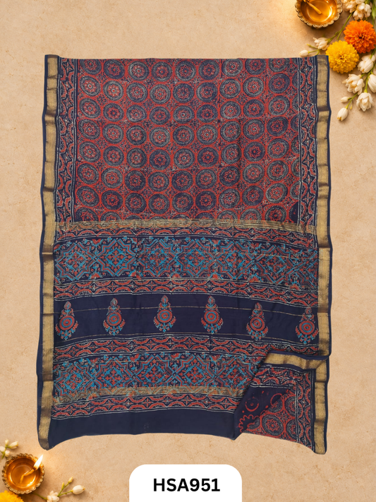 Pure Maheswari Silk Cotton - Handblock Print Saree With Blouse