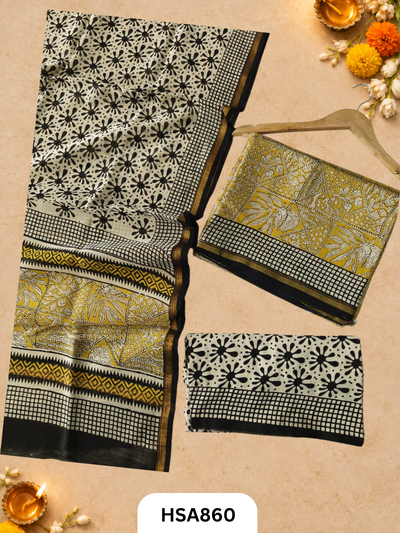 HandBlock Printed Chanderi Silk Cotton Suits -Top 2.5M Duptta 2.5M