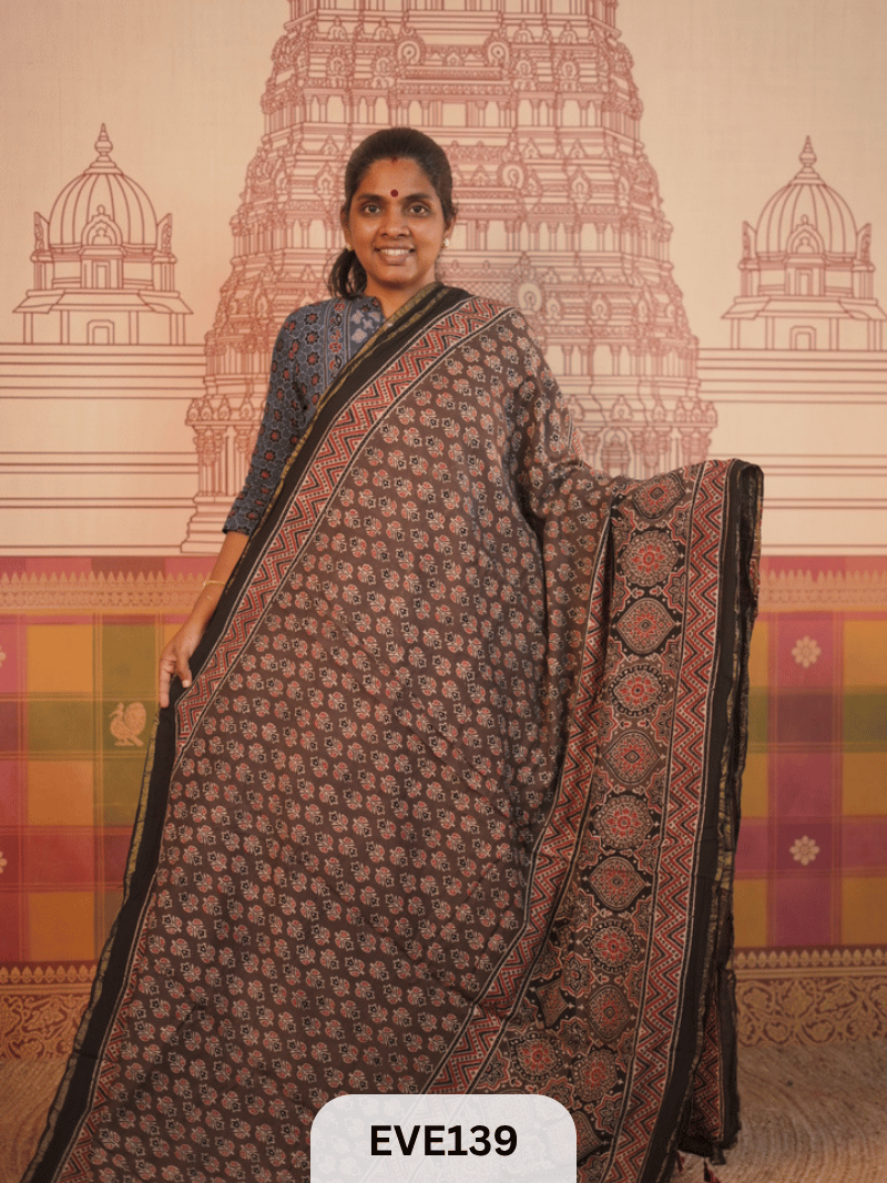 PURE CHANDERI SILK AJRAKH HANDBLOCK SAREE