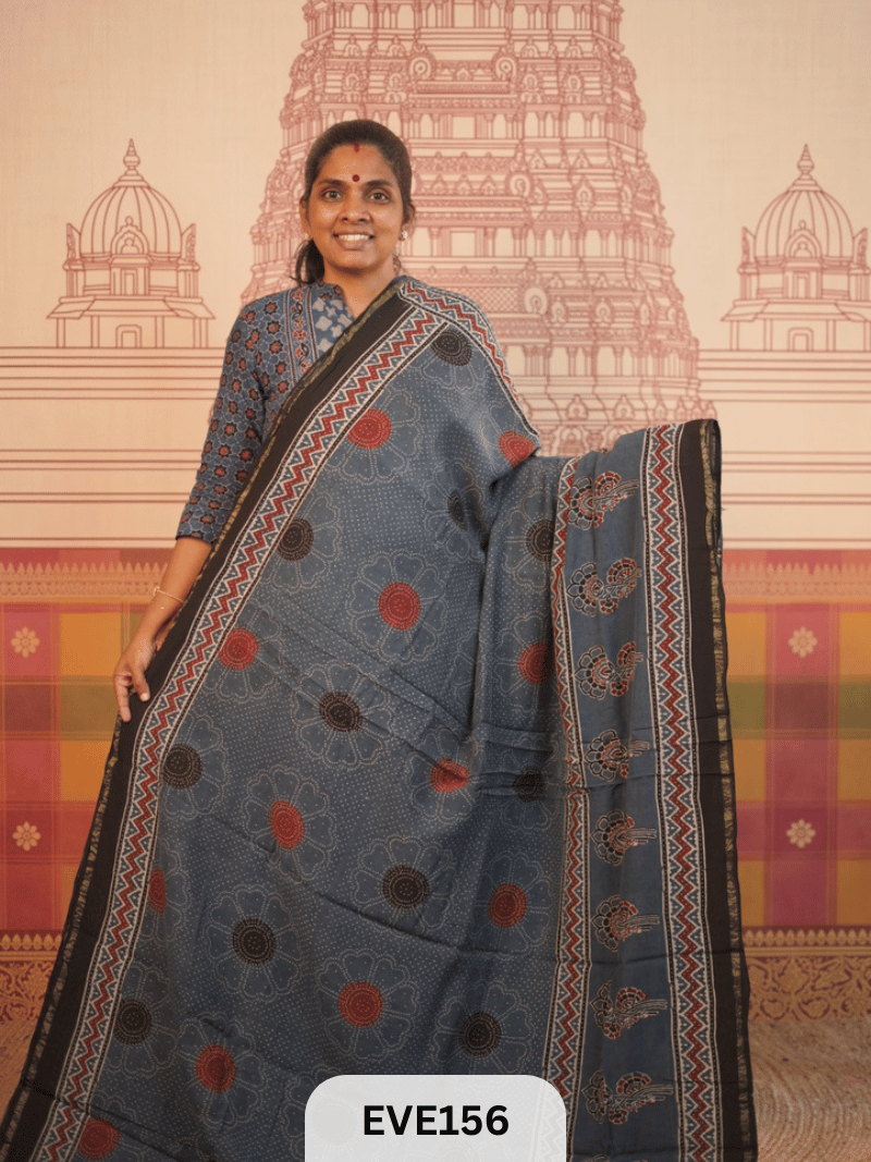PURE CHANDERI SILK AJRAKH HANDBLOCK SAREE