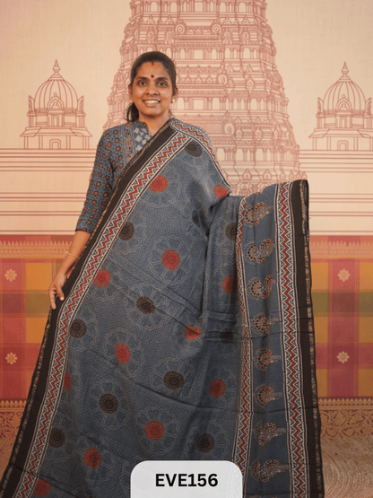 PURE CHANDERI SILK AJRAKH HANDBLOCK SAREE