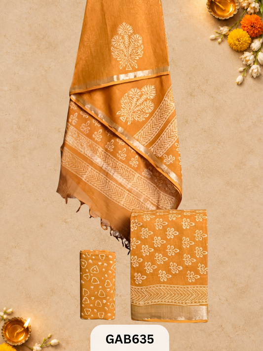 Bagru Hand Block Printed Linen Suits With Zari Border