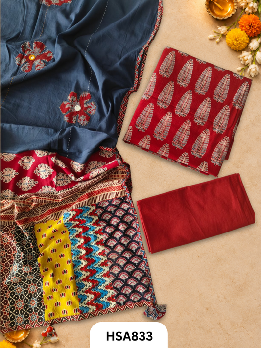 Ajrahk Print With Patch Work And Mirror Work Dupatta
