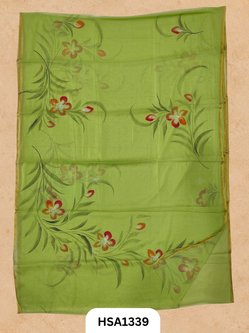 Chiffon Zari Border Saree - Hand Brush Painted