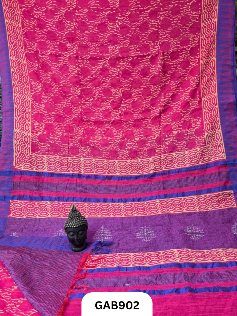 Temple Zari Border Hand Block Printed Katan Cotton Silk Saree With Running Blouse