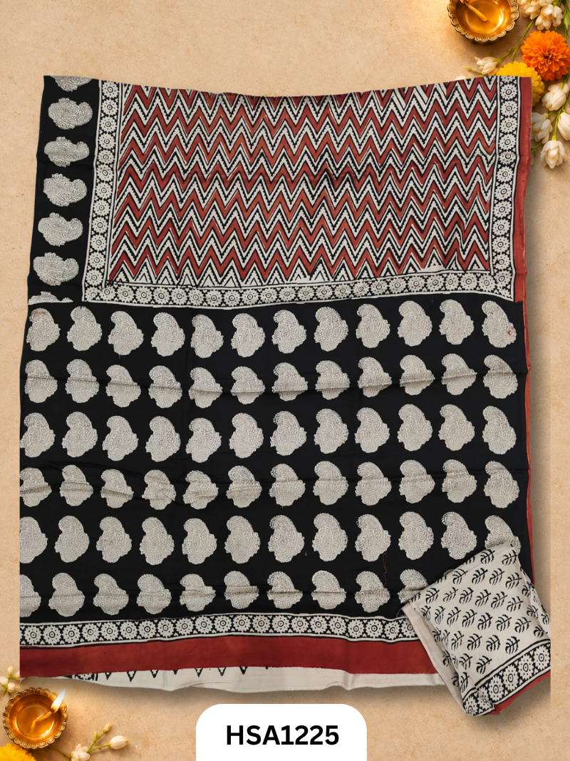Hand Block Print Ajarkh Vanaspati Modal Silk Saree with blouse