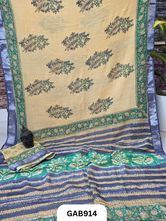 Bagru Handblock Print Linen Saree With Attached Blouse