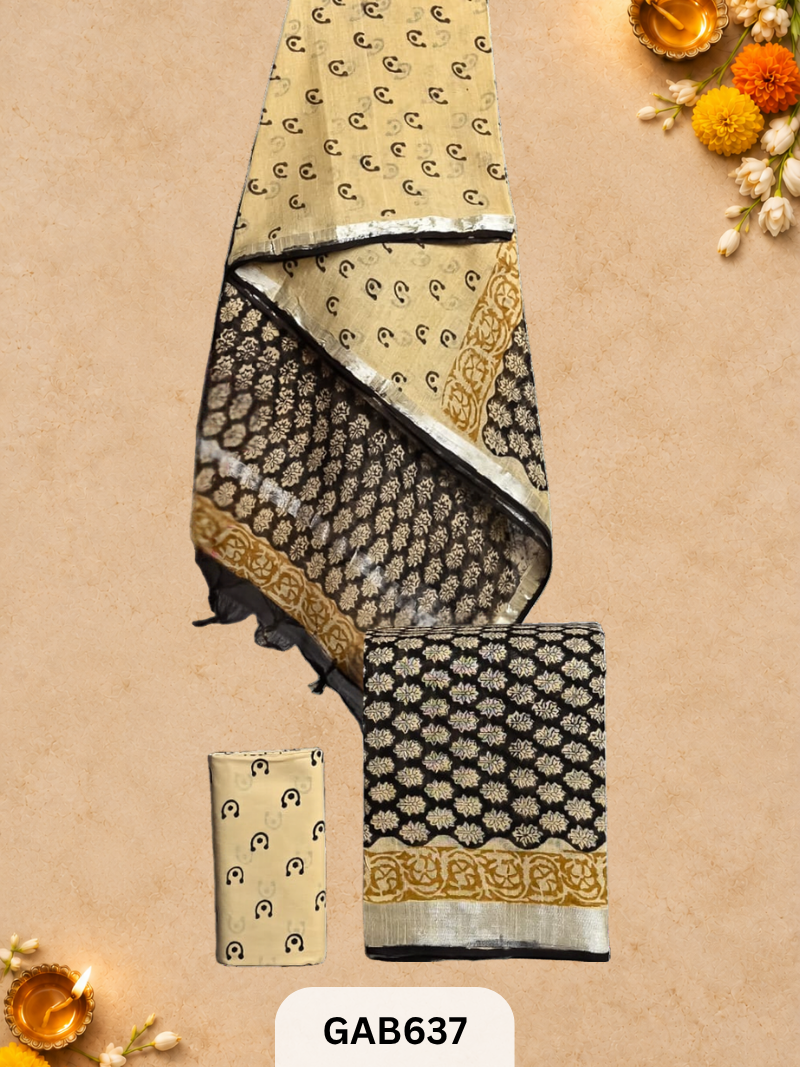 Bagru Hand Block Printed Linen Suits With Zari Border