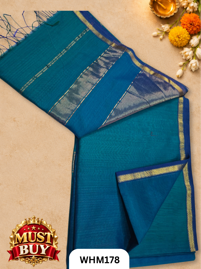 Pure Maheshwari Handloom Zari Pallu Plain Saree