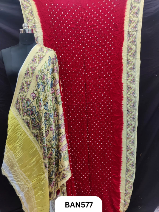 Semi Gaji ts kalamkari digital print pallu, blouse and border with bandhej saree