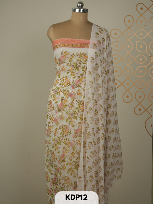 Chiffon double dimention handblock print 3 pcs salwar set
