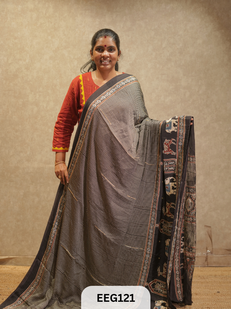 AJRAKH MODAL SAREE WITH KHATLI HANDWORK
