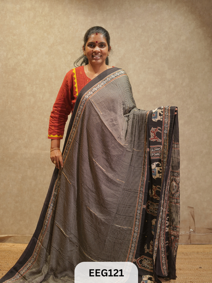 AJRAKH MODAL SAREE WITH KHATLI HANDWORK