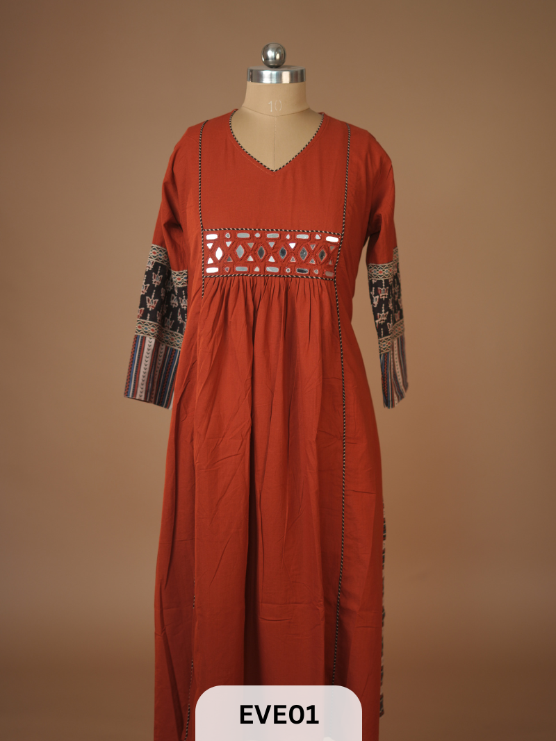 PLAIN COTTON KURTI WITH MIRROR WORK AND AJRAKH PRINT