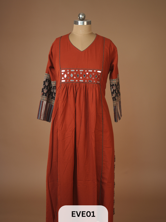 PLAIN COTTON KURTI WITH MIRROR WORK AND AJRAKH PRINT