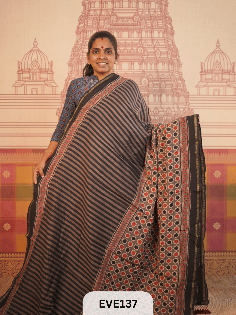 PURE CHANDERI SILK AJRAKH HANDBLOCK SAREE