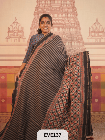 PURE CHANDERI SILK AJRAKH HANDBLOCK SAREE